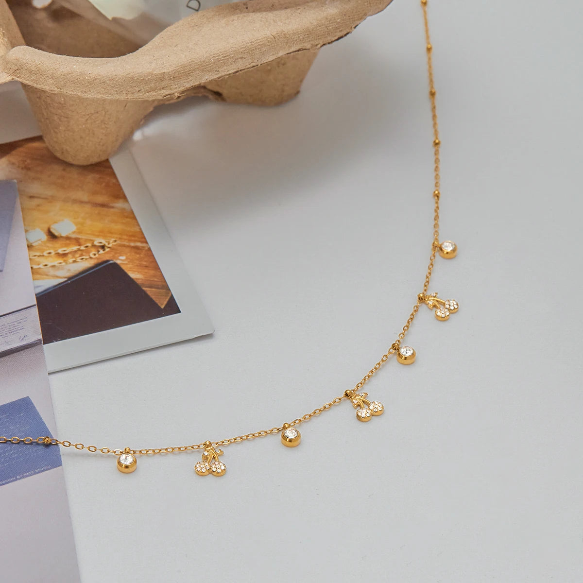 White Rhinestones Cherry Pendant Necklace