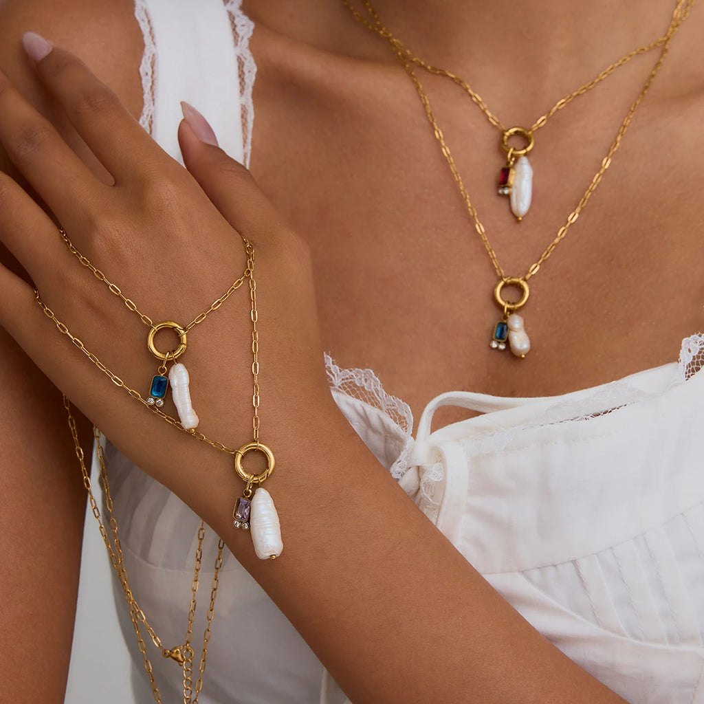 Natural Pearls And Color Zirconia Pendant Necklace