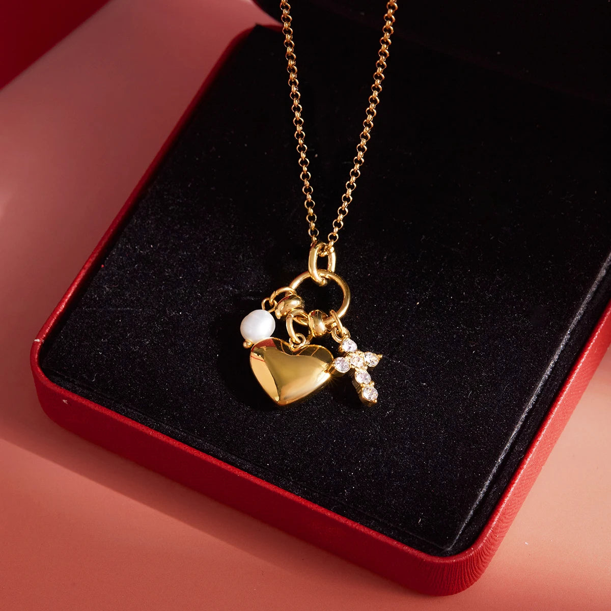 Freshwater Pearl Cross Heart Pendant Necklace