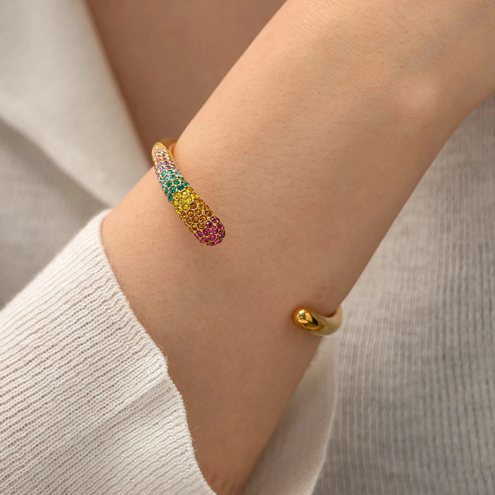 Luxury Colorful Cubic Zirconia Pearl Stainless Steel Cuff Bracelet