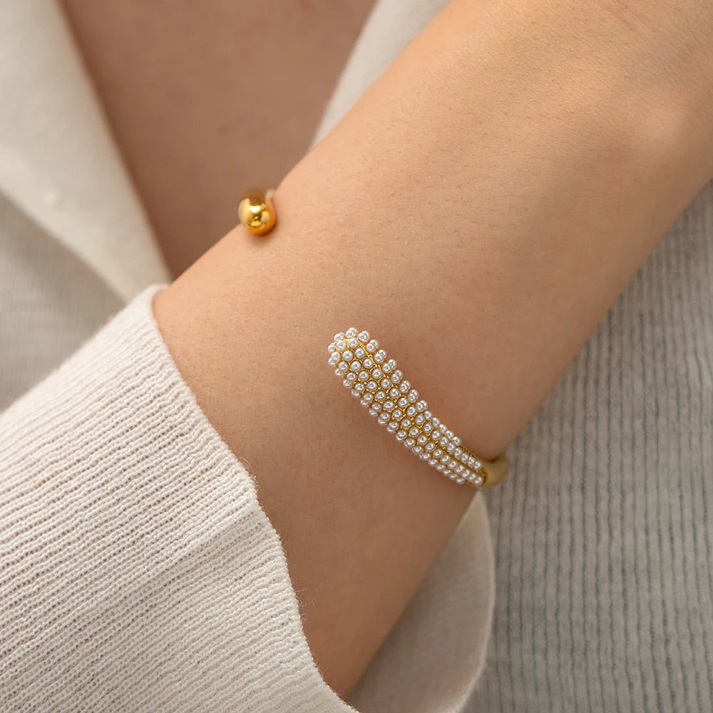 Luxury Colorful Cubic Zirconia Pearl Stainless Steel Cuff Bracelet