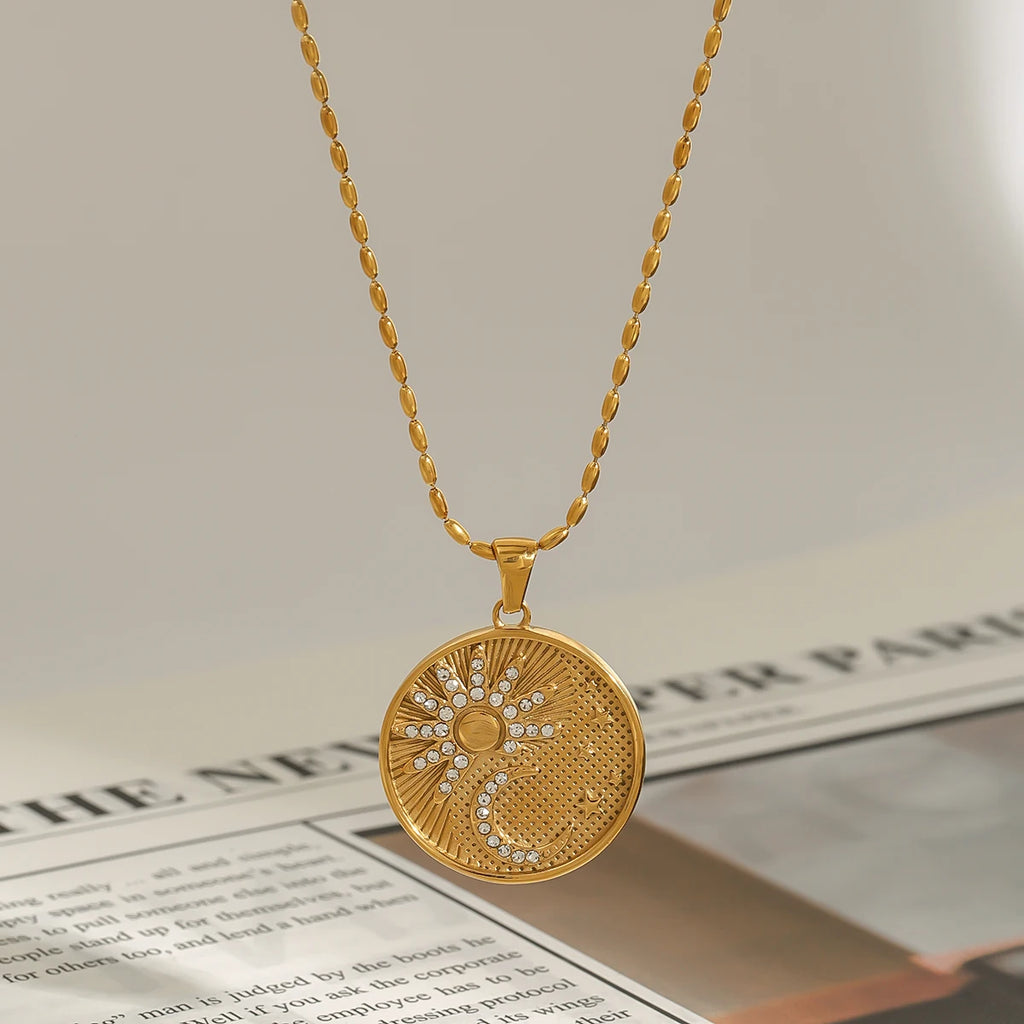 Classic Retro Gold Plated Stainless Steel White Zircon Sun Moon Star Circle Pendant Necklace