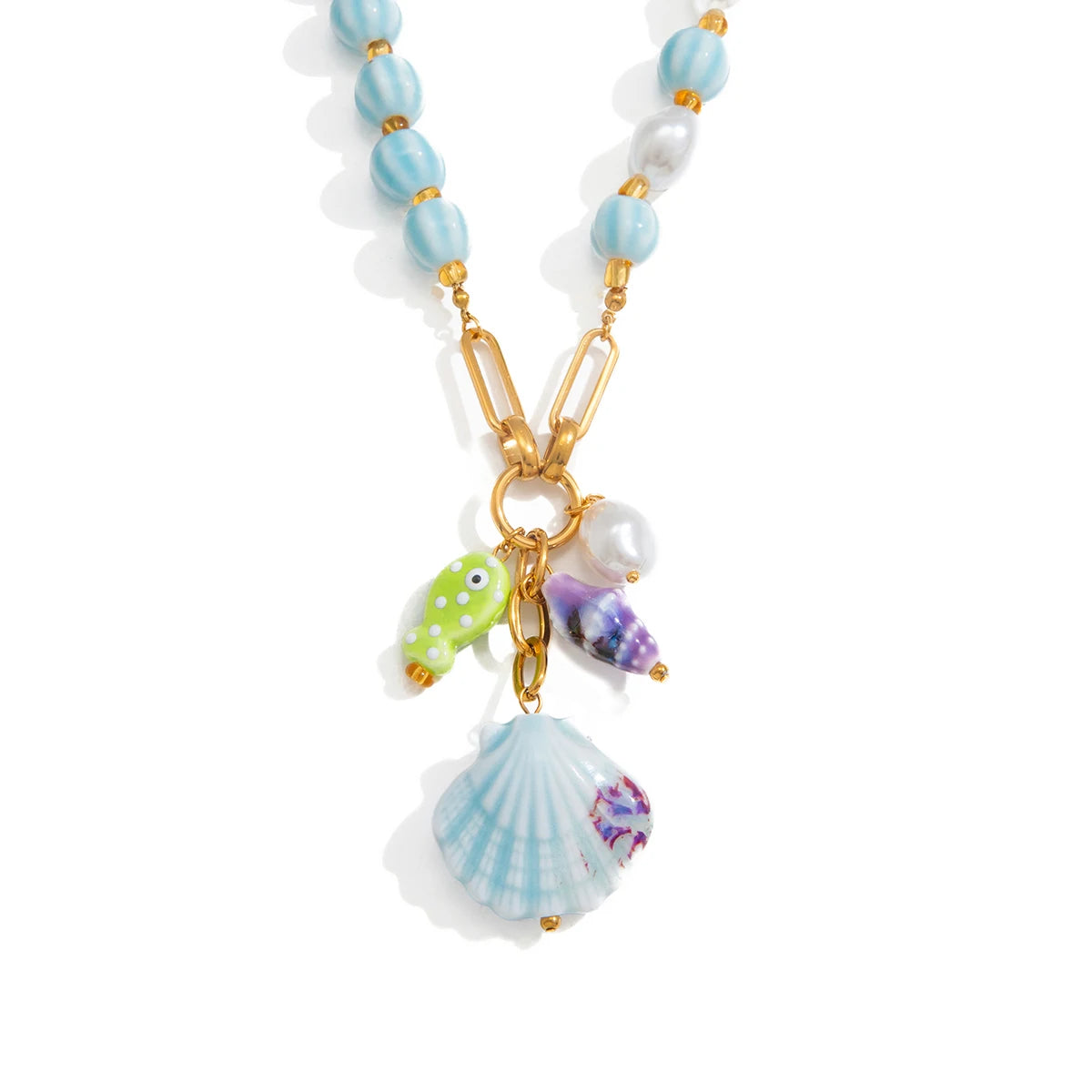 Ceramic Shell Fish Pendant Beaded Chain Necklace