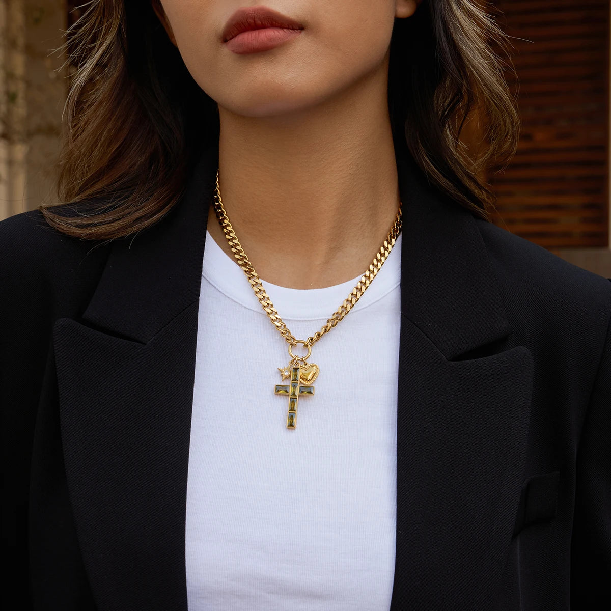 Classic Heart Zircon Star Cross Pendant Necklace