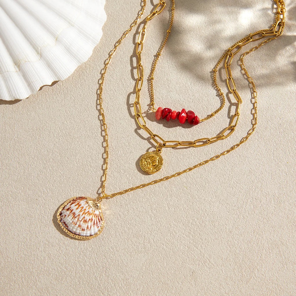 Natural Red Stone Shell Coin Pendant Necklace