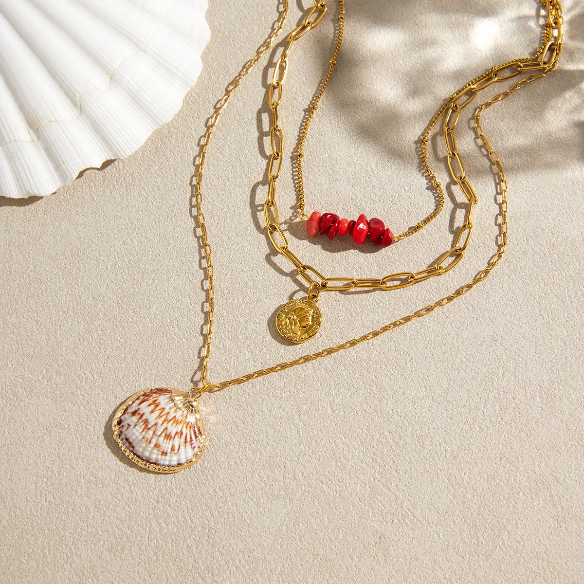 Natural Red Stone Shell Coin Pendant Necklace