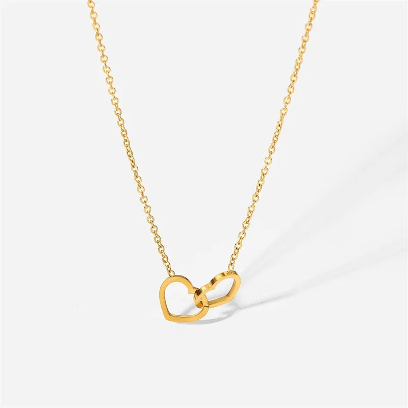 Trendy Fine Double Heart Connected Hollow Chain Necklace for Women Temperament Jewelry Gift