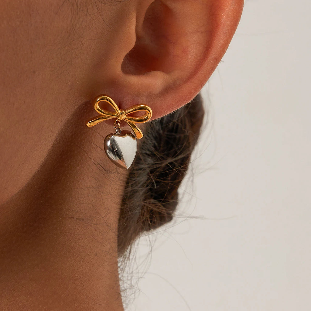 Steel Bow Heart Pendant Earrings