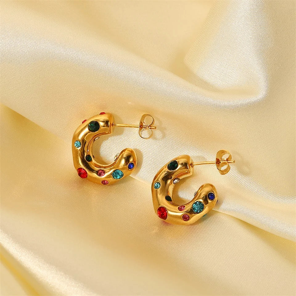 Stainless steel Earrings irregular C shape ear studs 18K Gold Plated Colored Zircon Jewelry For Women Simple Fashion Jewelry Gif