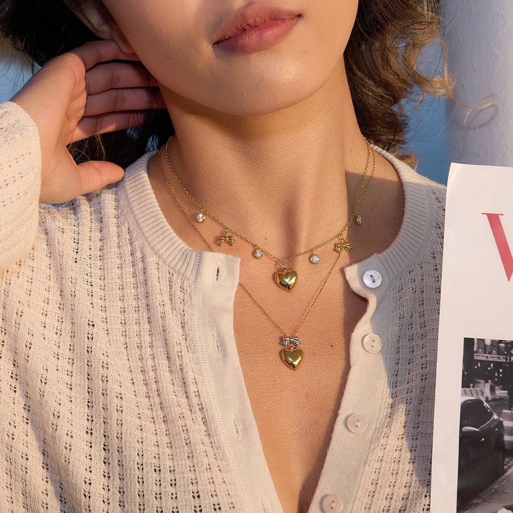 Romantic Heart Bowknot Round Zircon Pendant Necklace