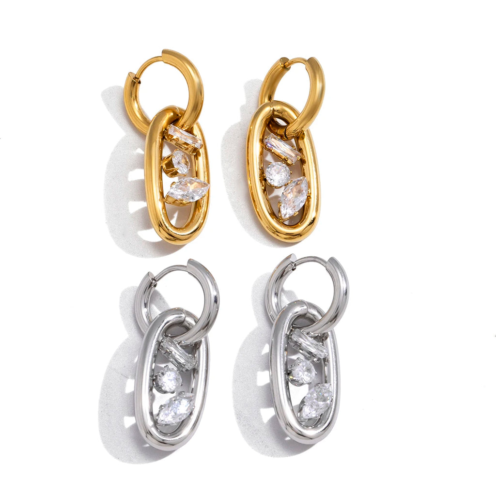 Geometric Zircon Hollow Drop Earrings