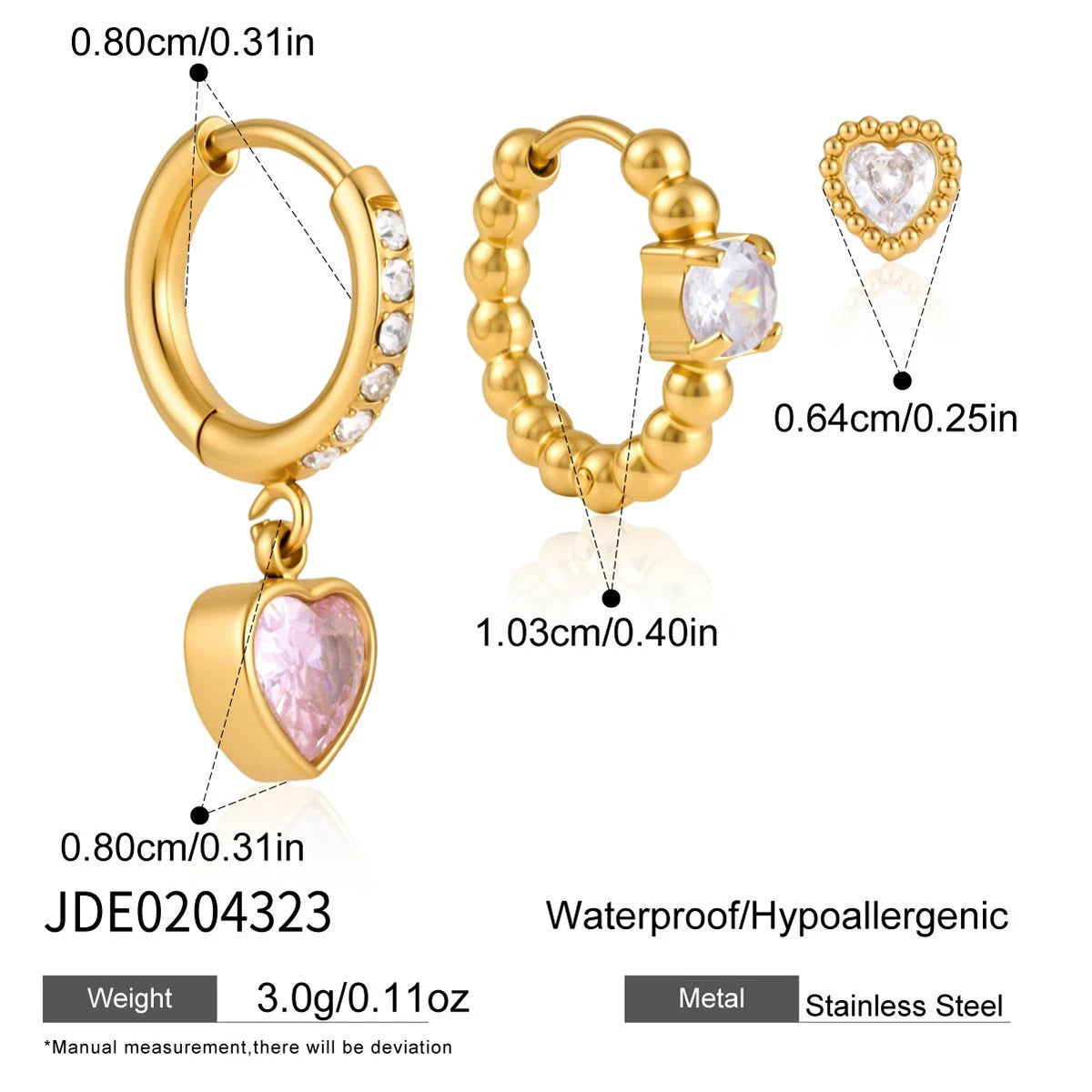 3pcs/set Sweet Pink Heart Zircon Pendant Drop Earring