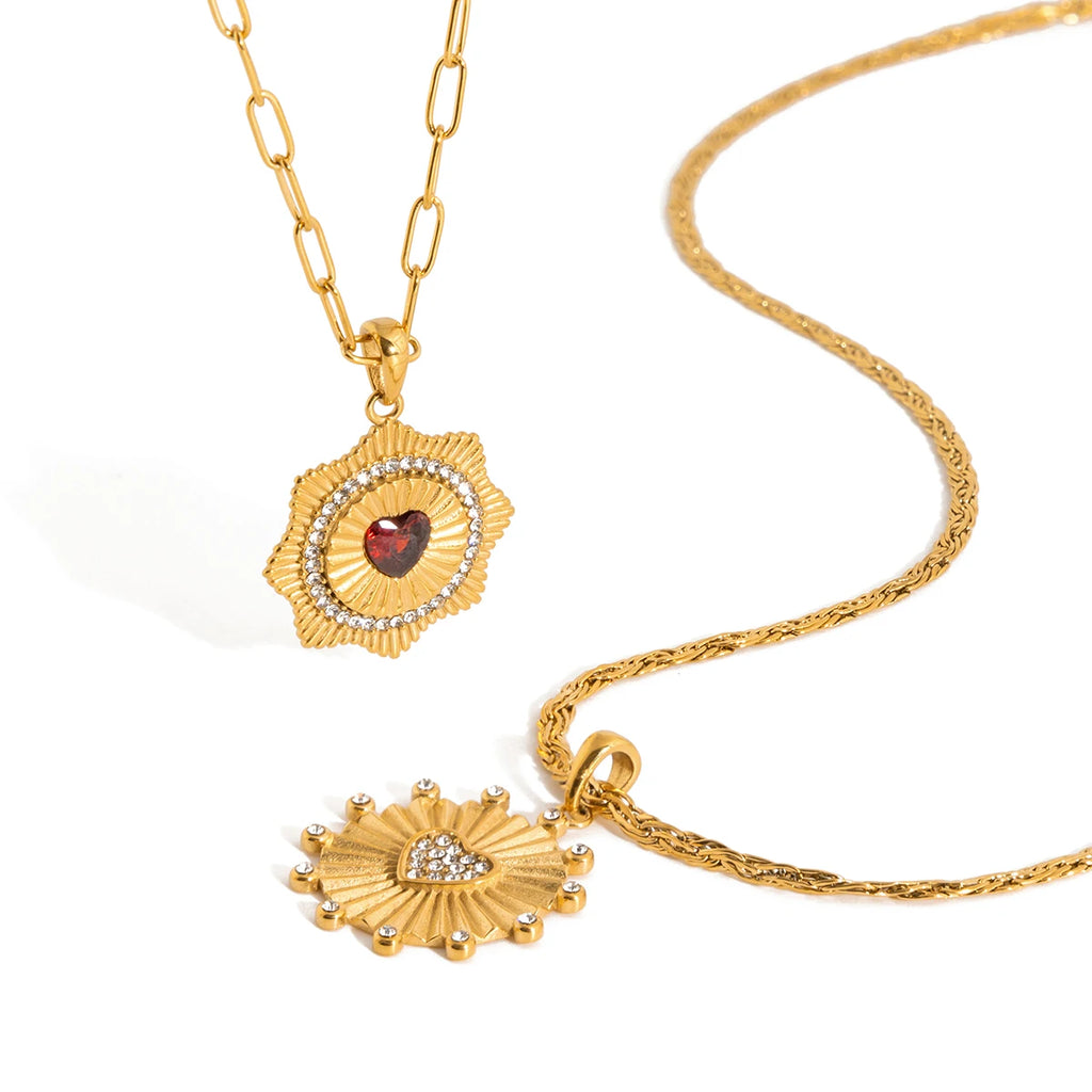 Red Zircon White Crystal Heart Pendant Necklace