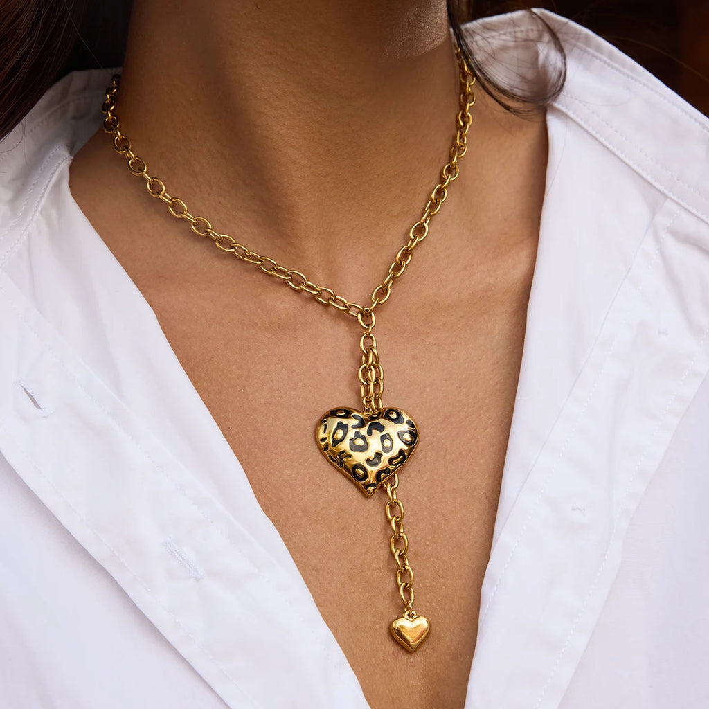 Leopard Print Oil Drip Heart Pendant Necklace