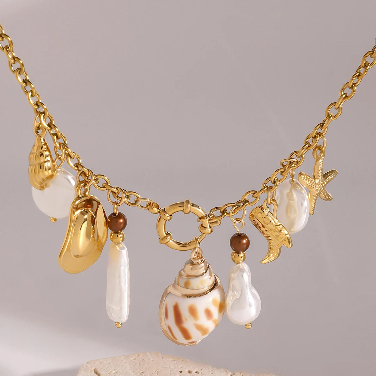 Bohemian Stainless Steel Pearl Starfish Pendant Necklace