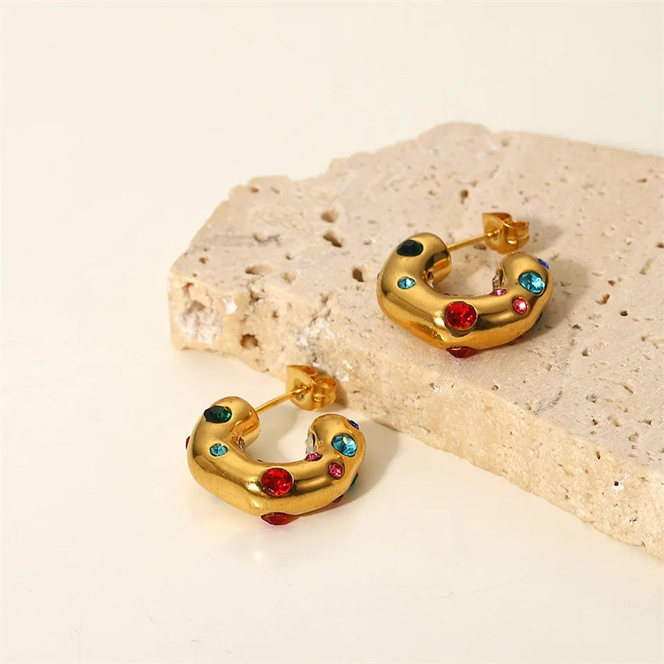 Stainless steel Earrings irregular C shape ear studs 18K Gold Plated Colored Zircon Jewelry For Women Simple Fashion Jewelry Gif