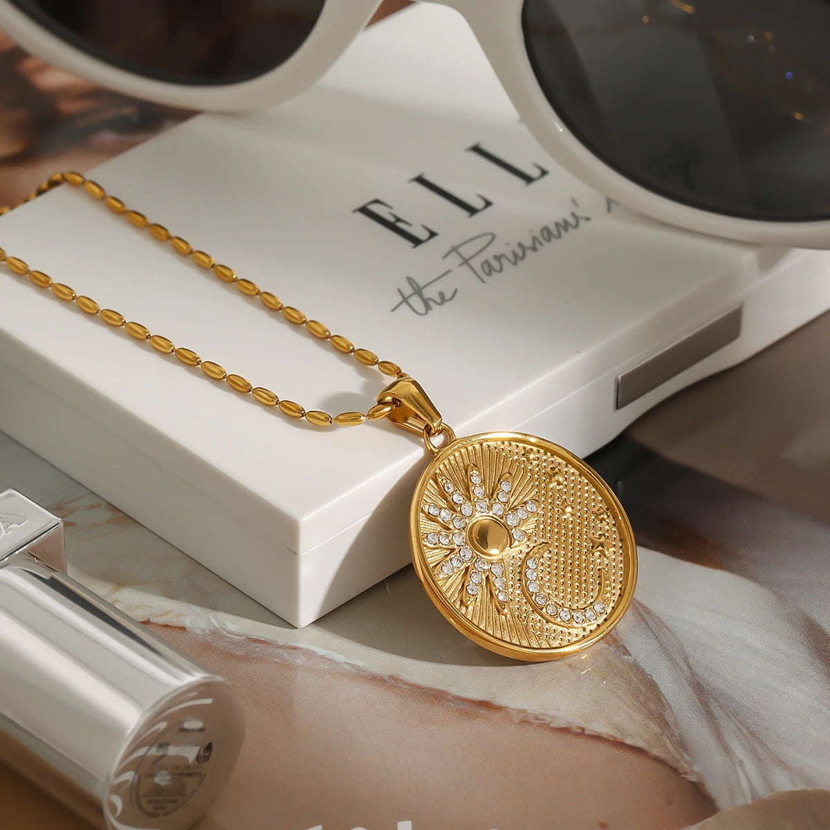 Classic Retro Gold Plated Stainless Steel White Zircon Sun Moon Star Circle Pendant Necklace