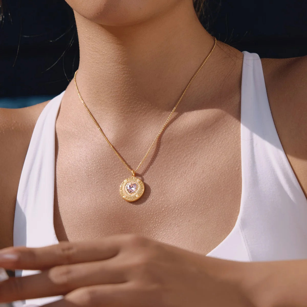 Crystal Heart Round Zircon Coin Pendant Necklace