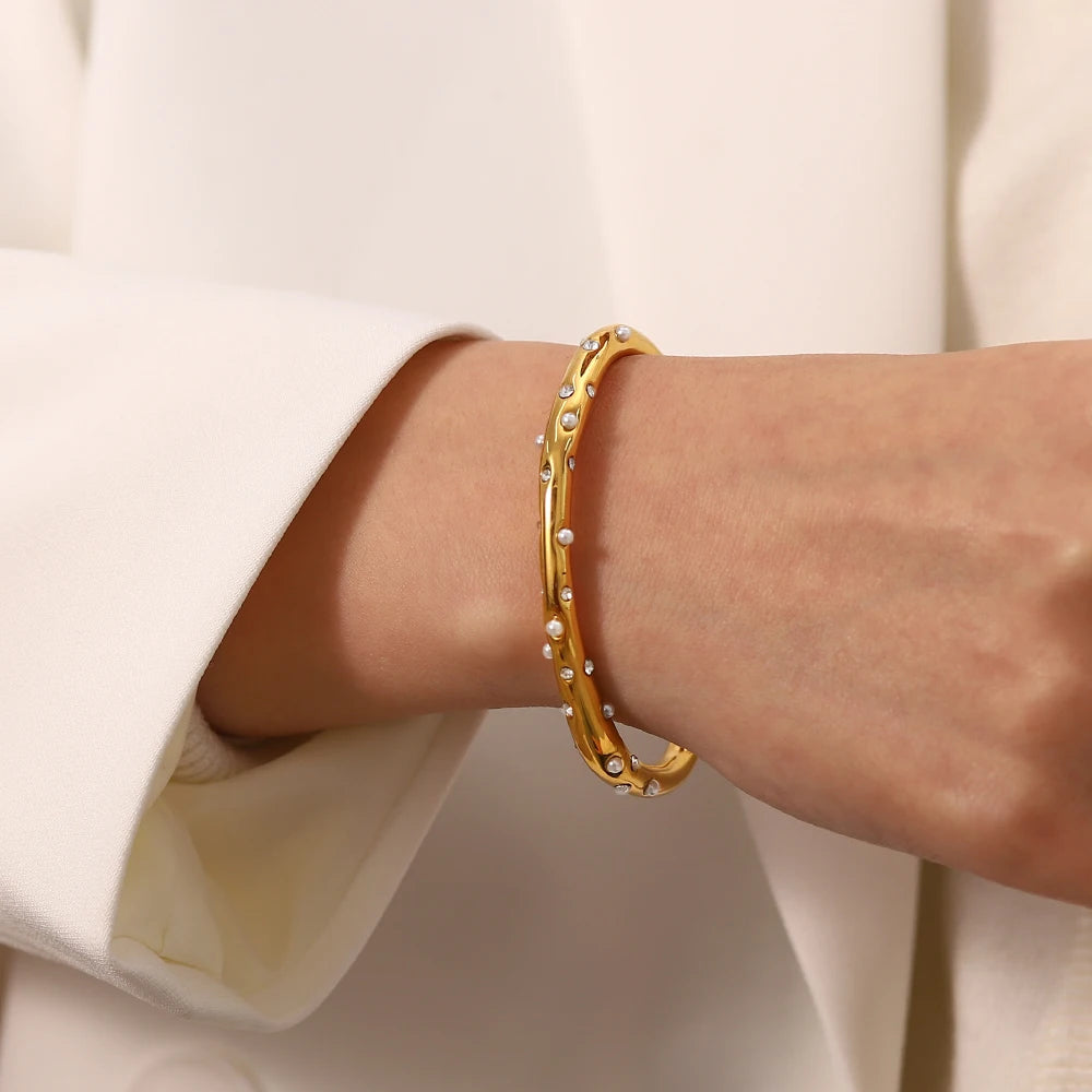 Stainless Steel Pearl Cubic Zirconia Geometric Open Cuff Bracelet