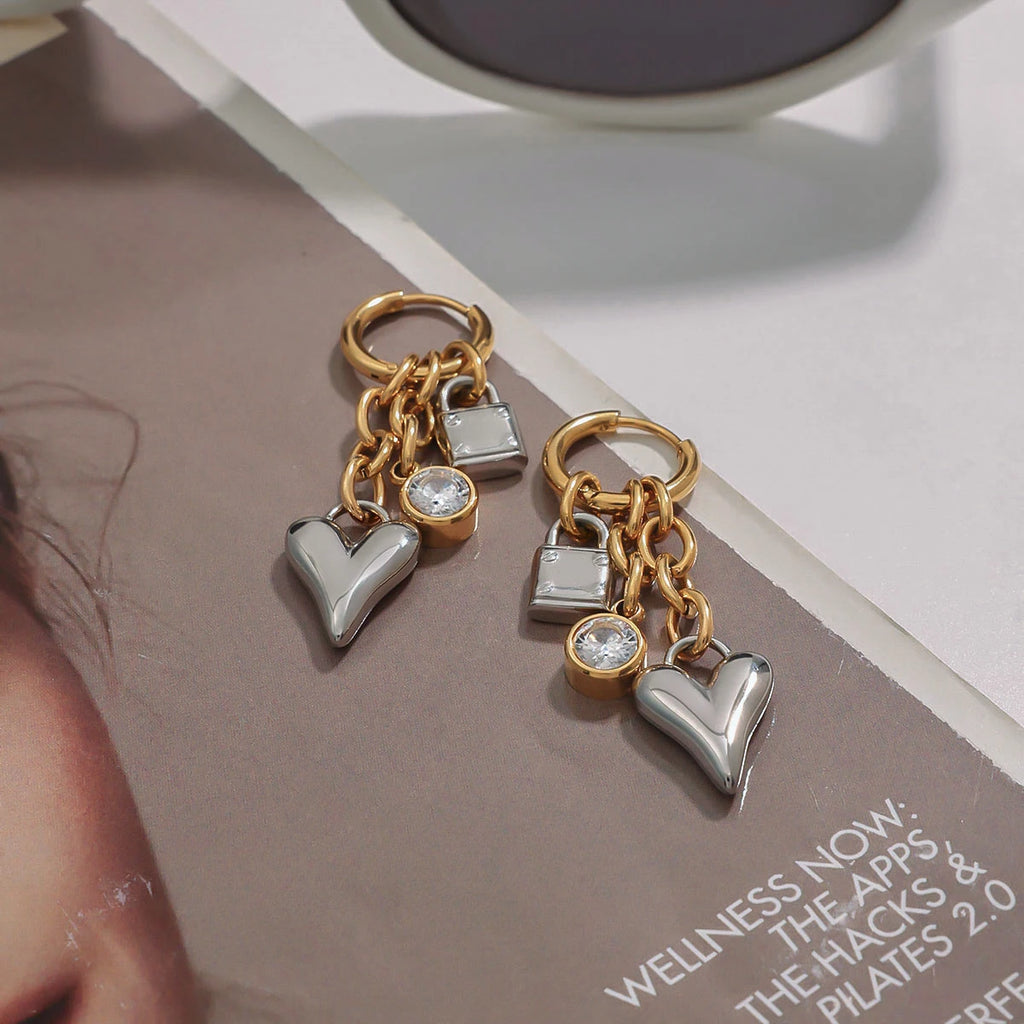 Minimalist Gold&Silver White Zircon Love Heart Lock Pendant Earrings