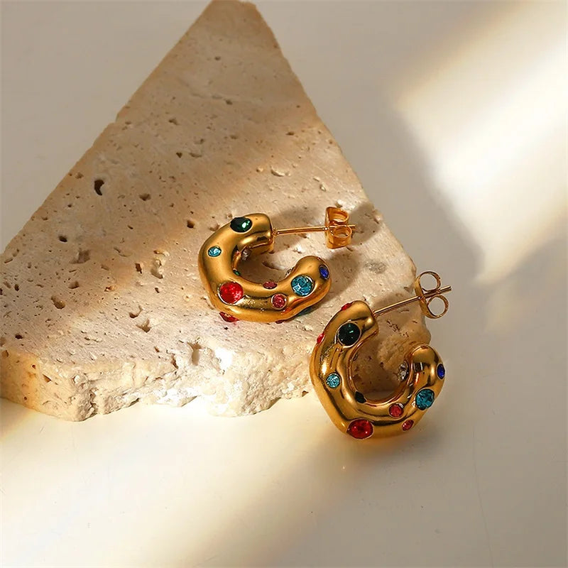 Stainless steel Earrings irregular C shape ear studs 18K Gold Plated Colored Zircon Jewelry For Women Simple Fashion Jewelry Gif