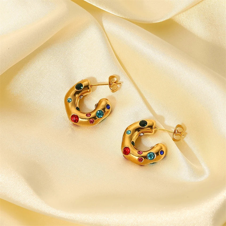 Stainless steel Earrings irregular C shape ear studs 18K Gold Plated Colored Zircon Jewelry For Women Simple Fashion Jewelry Gif
