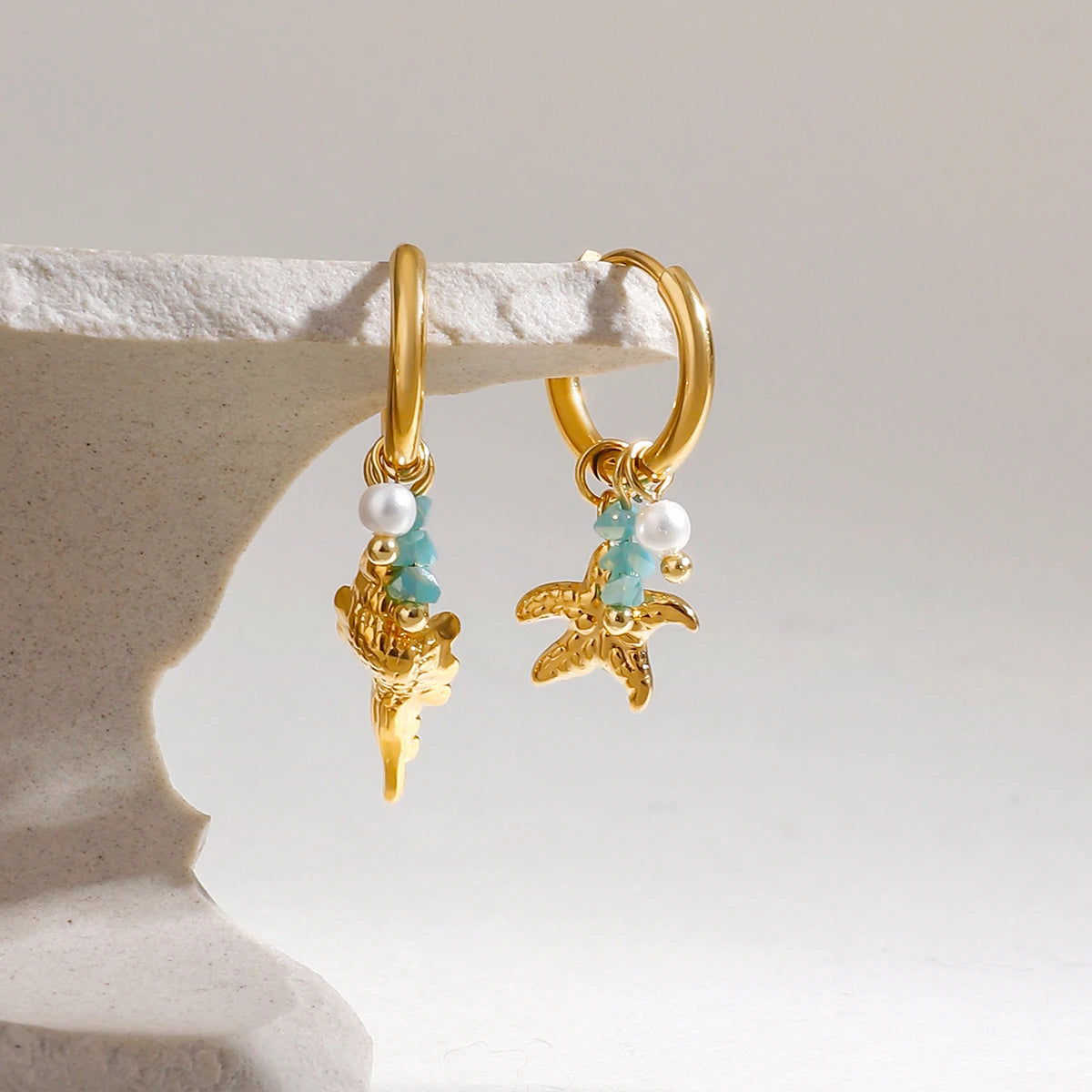 Pearl Hammer Pattern Starfish Conch Drop Earrings
