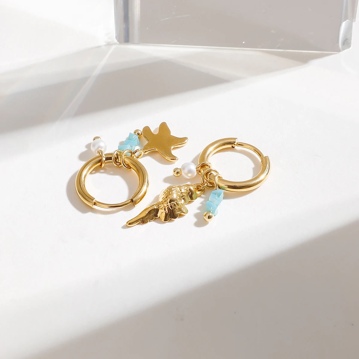 Pearl Hammer Pattern Starfish Conch Drop Earrings