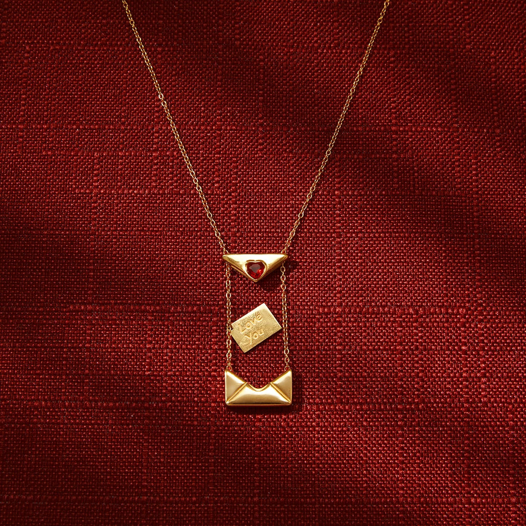Romantic Red Zircon Heart Envelope Pendant Necklace