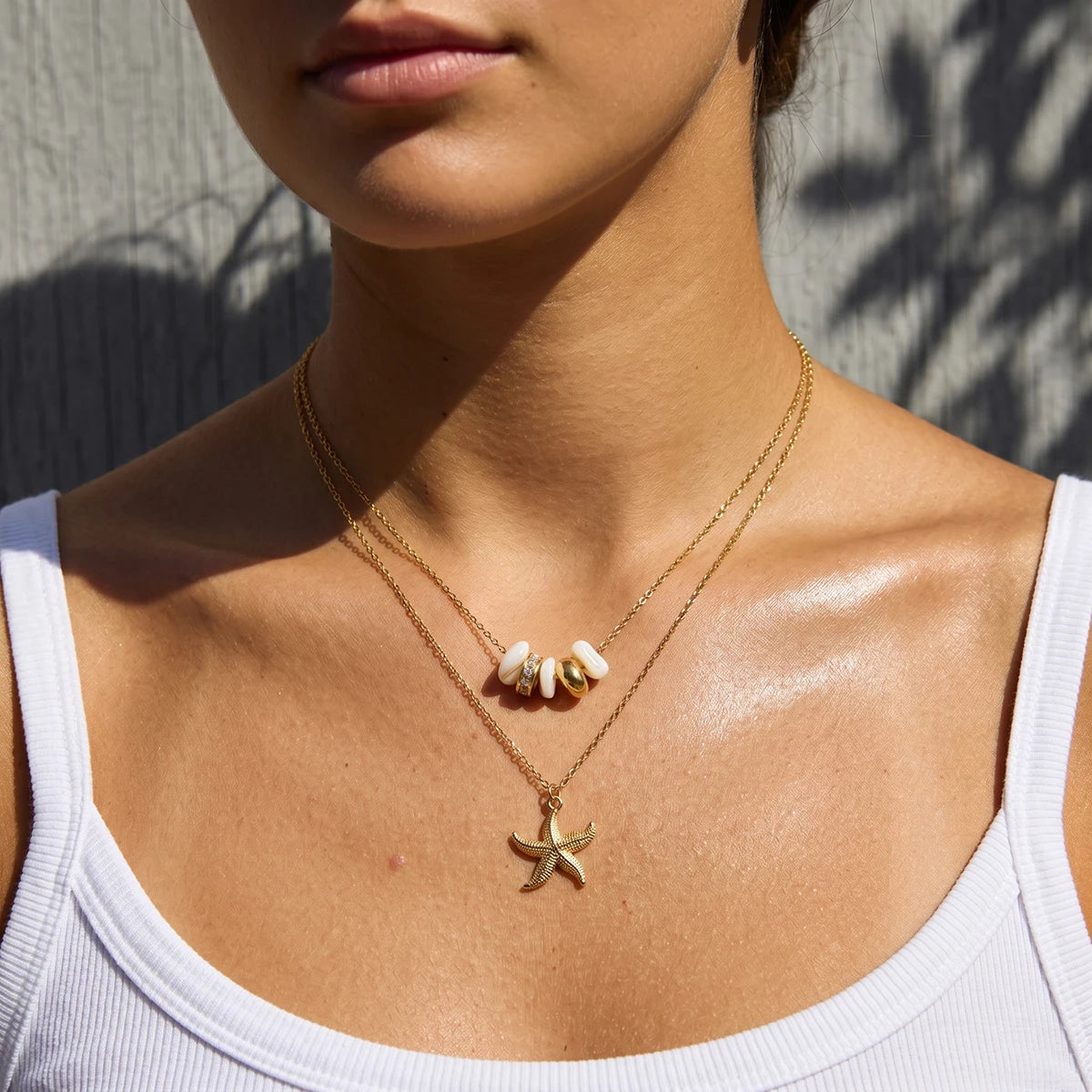 Double-layer Conch Starfish Pearl Peadant Necklace