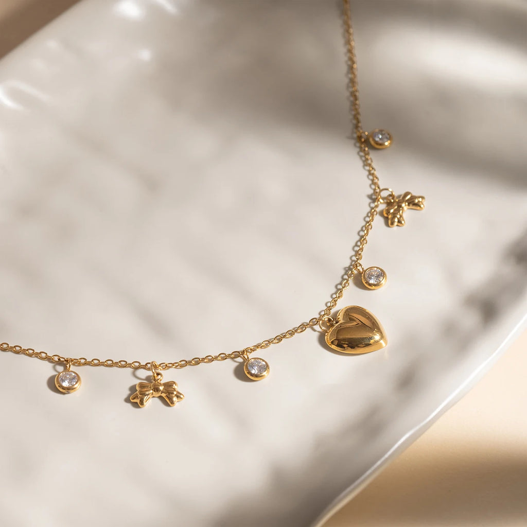 Romantic Heart Bowknot Round Zircon Pendant Necklace