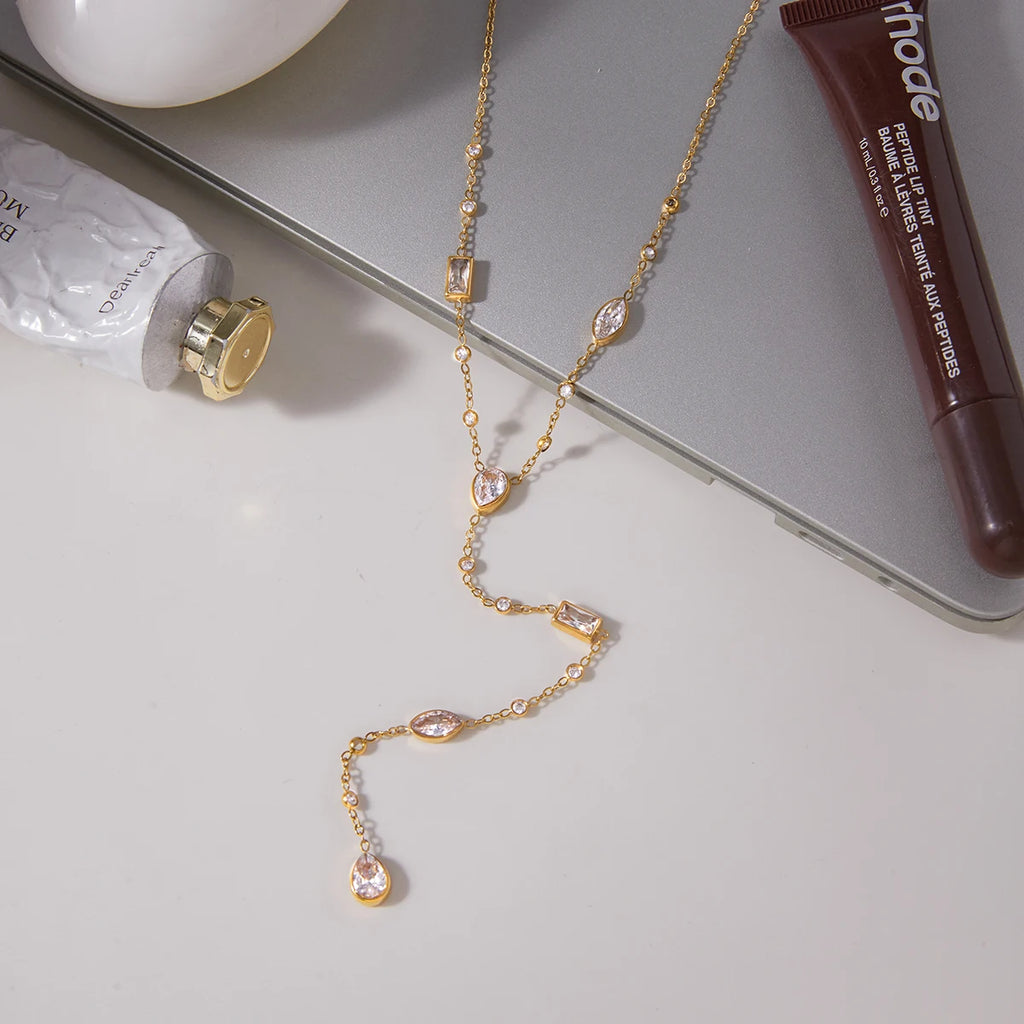 Geometric Zircon Pendant Y Shape Chain Necklace