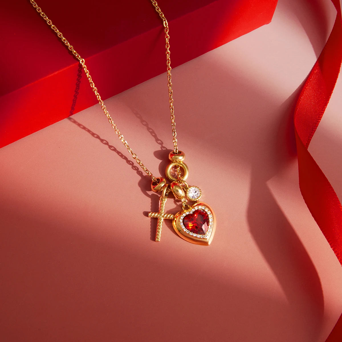 Romantic Red Zircon Heart Pendant Necklace